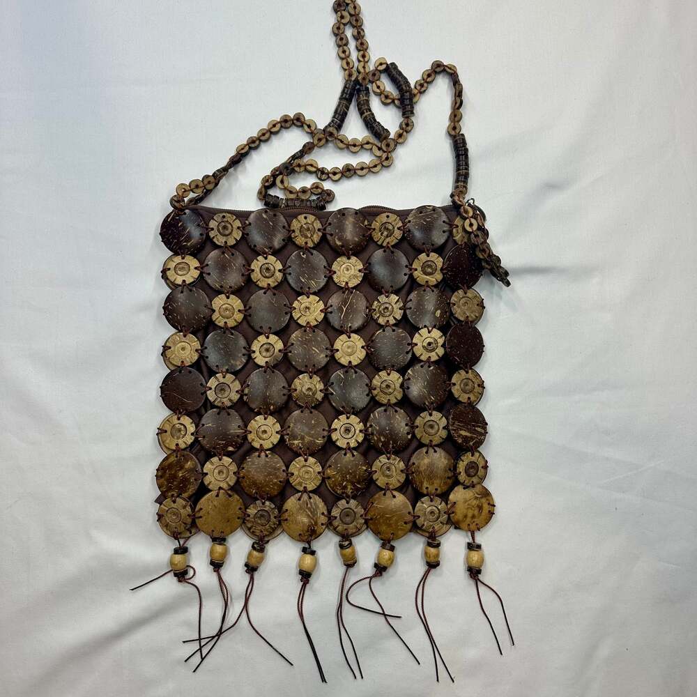 VTG Wooden Beads Purse Boho Fringe Bag Button Look Shoulder Hippie Crossbody